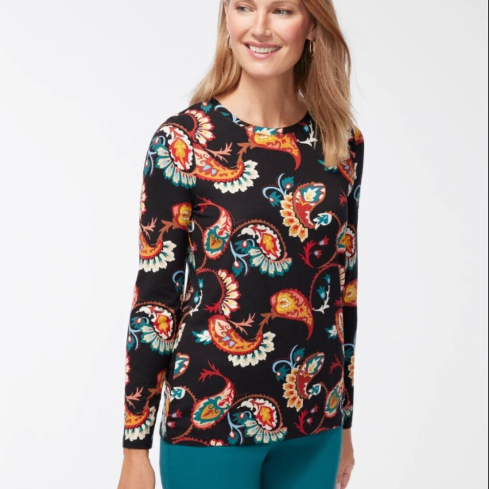 Chico's Touch of Cool Multi Paisley Layering Tee Fall Paisley Liquid Knit Sz L